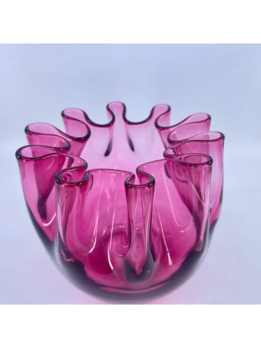 vintage pilgrim handblown art glass cranberry pink vase with ruffled edge design